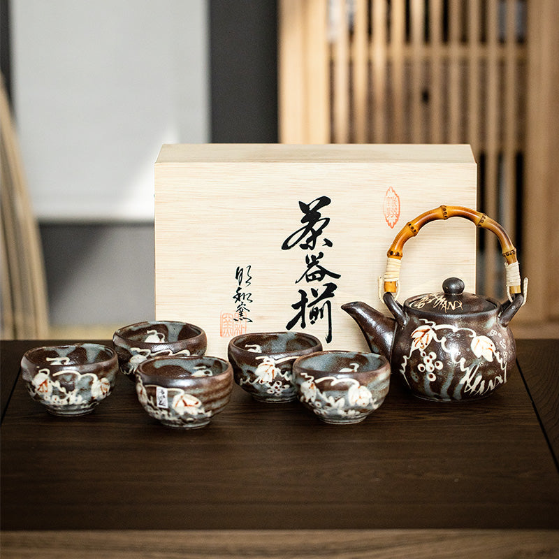 Japanese Tea Set Shino Ware | Teapot & 5 Teacups Haruaki
