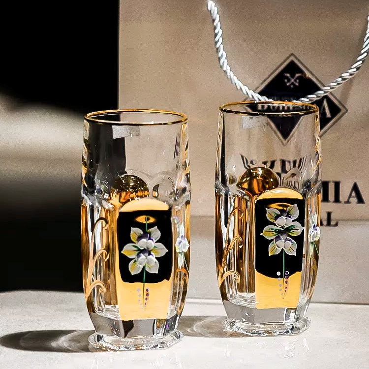 Whisky Glass Decanter Set Bohemia Gold Enamel Flower Czech Crystal Short Tall Whisky Glass Decanter Gift Box