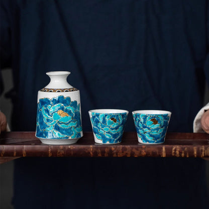 Japanese Sake Set – Kutaniyaki Gold Foil Blue Peony Artist Signed