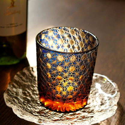 Whiskey Glass Edo Kiriko Star Chrysanthemum – Hand-Cut Japanese Tumbler with Wooden Box | Blue Amber & Red Amber
