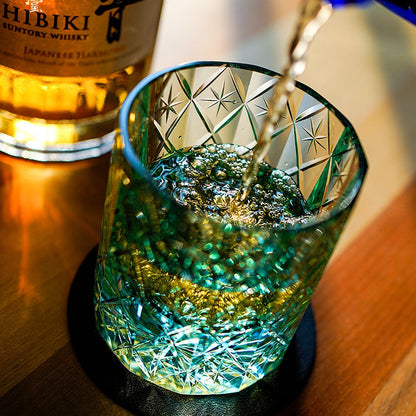 Whiskey Glass Edo Kiriko Celestial – Hand-Cut Floral Japanese Tumbler with Wooden Box | 4 Colors