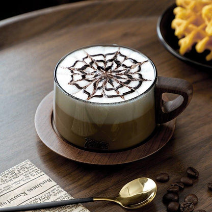 Glass Coffee Mug | Wood Handle Clear Glass Cup & Walnut Tray Set