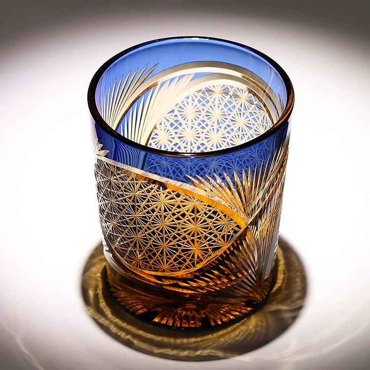 Whiskey Glass Edo Kiriko Crane Feather – Hand-Cut Japanese Tumbler with Wooden Box | 5 Amber Colors