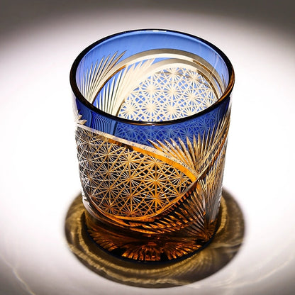 Whiskey Glass Edo Kiriko Crane Feather – Hand-Cut Japanese Tumbler with Wooden Box | 5 Amber Colors
