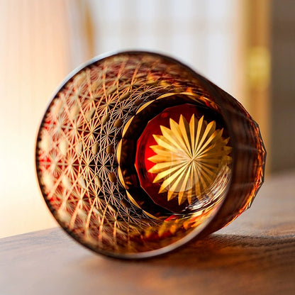 Whiskey Glass Edo Kiriko Star Chrysanthemum – Hand-Cut Japanese Tumbler with Wooden Box | Blue Amber & Red Amber