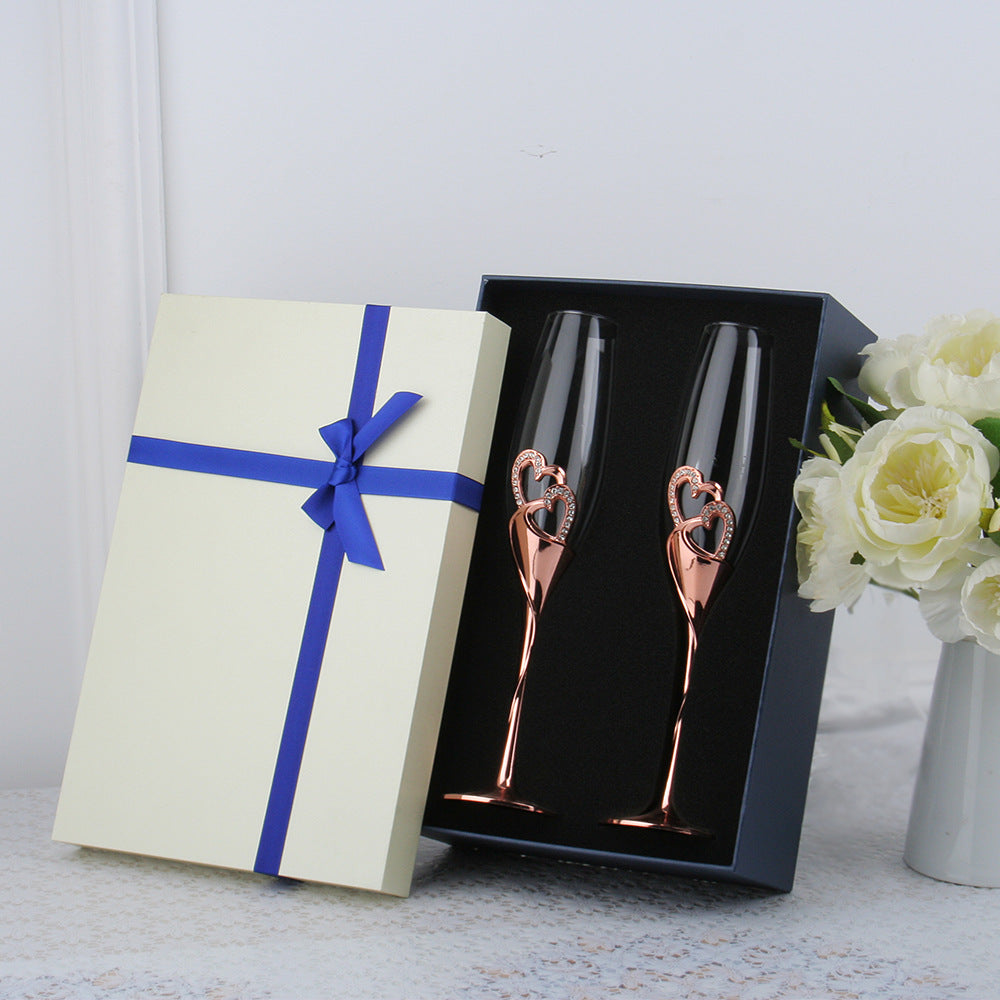 Champagne Glass Gift Set – Crystal Heart Silver Gold Rose