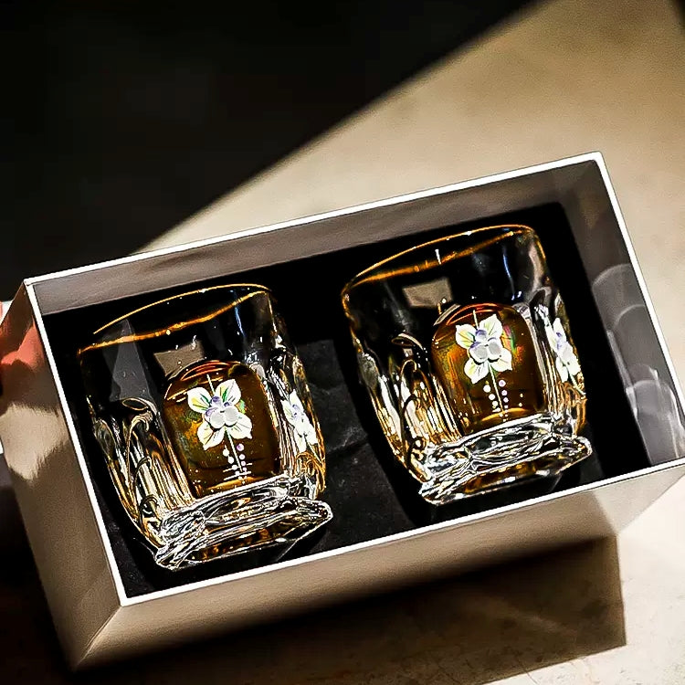 Whisky Glass Decanter Set Bohemia Gold Enamel Flower Czech Crystal Short Tall Whisky Glass Decanter Gift Box