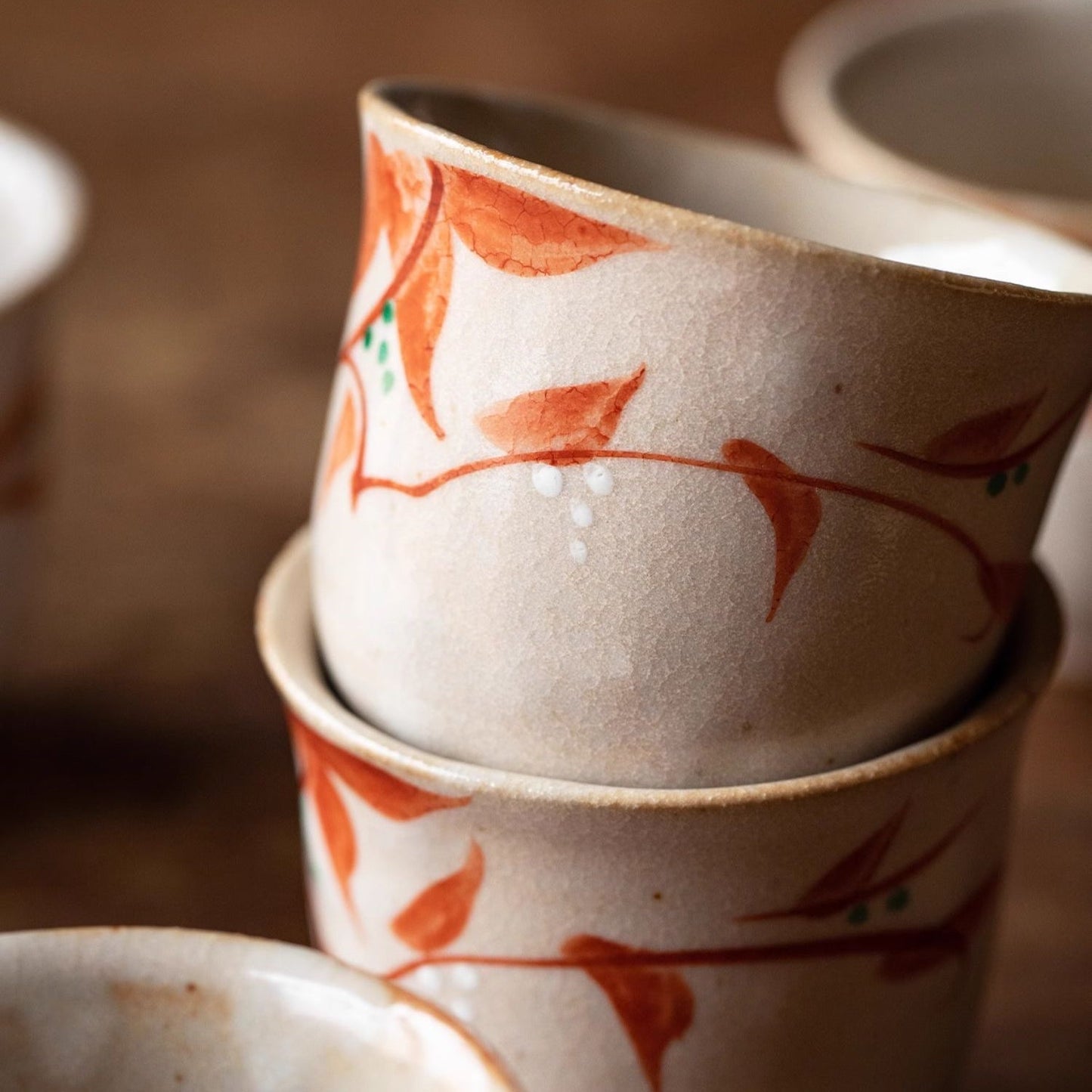 Tea Cup Set of 5 Japanese Ceramic Autumn Leaf Hand-Painted Koyo
