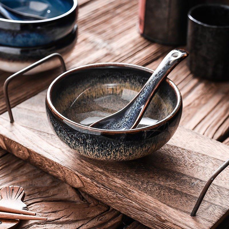 Glazed Ceramic Bowl Japanese Gloss Finish Blue Teal with Spoon Option