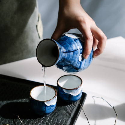 Japanese Sake Set – Sakura Ceramic 1 Flagon 4 Cups Blue Black