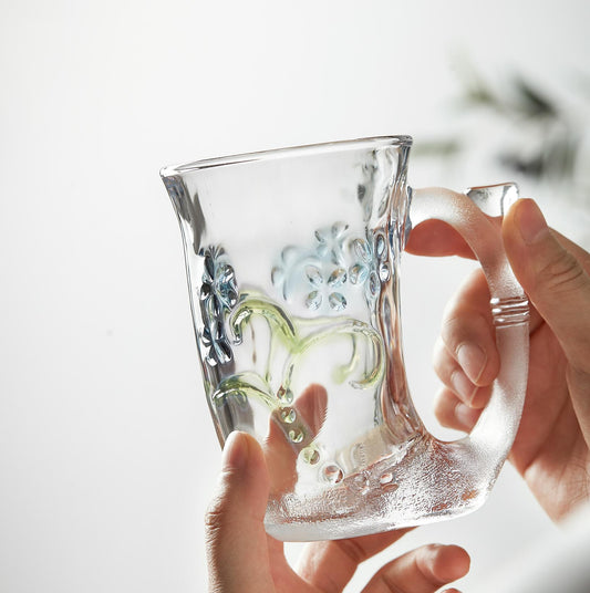 Glass Coffee Mug Set – Mermaid Tail Handle Floral Relief Drinkware