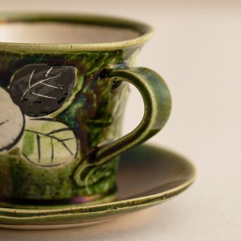 Coffee Cup and Saucer Set – Mino Ware Oribe Camellia Ceramic