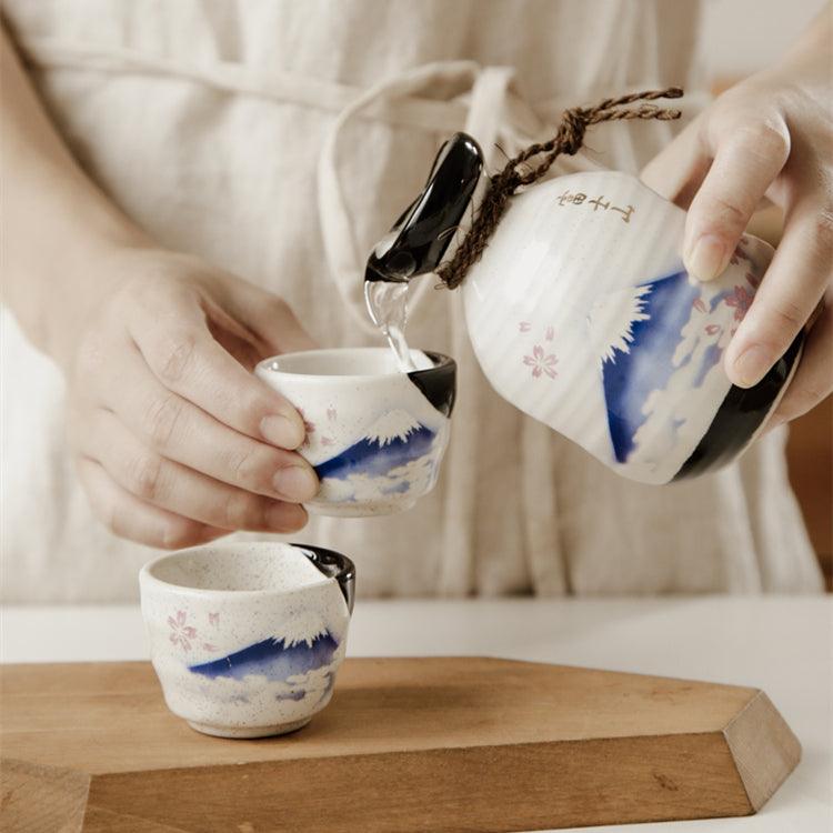 Ceramic Sake Set Mount Fuji Japanese Handcrafted Flagon 2 Cups White Black
