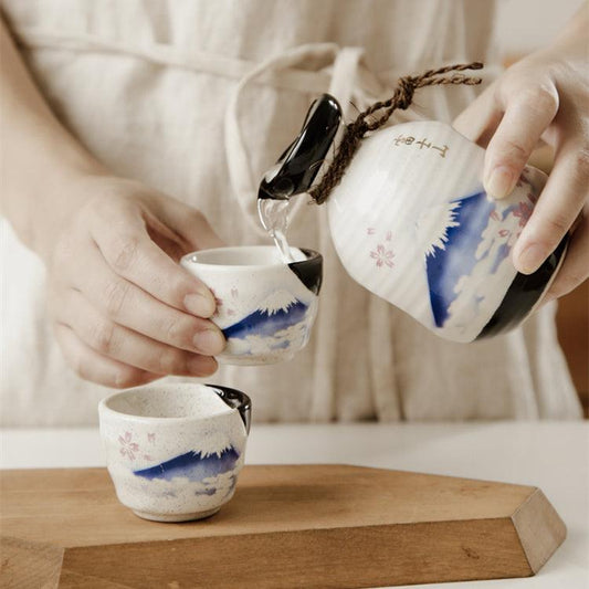 Ceramic Sake Set Mount Fuji Japanese Handcrafted Flagon 2 Cups White Black