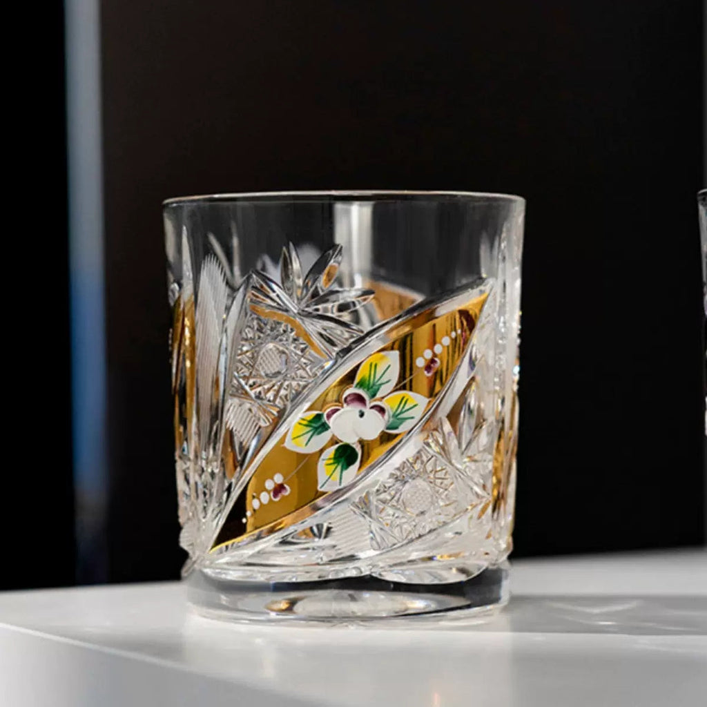 Whisky Glasses Bohemia Floral Enamel Crystal Hand-Painted Gold Gilt Czech Crystal Whisky Glass Gift Set of 2