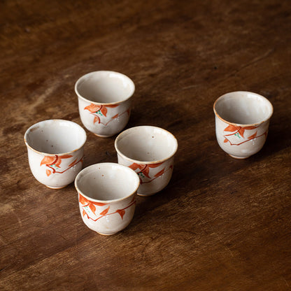 Tea Cup Set of 5 Japanese Ceramic Autumn Leaf Hand-Painted Koyo
