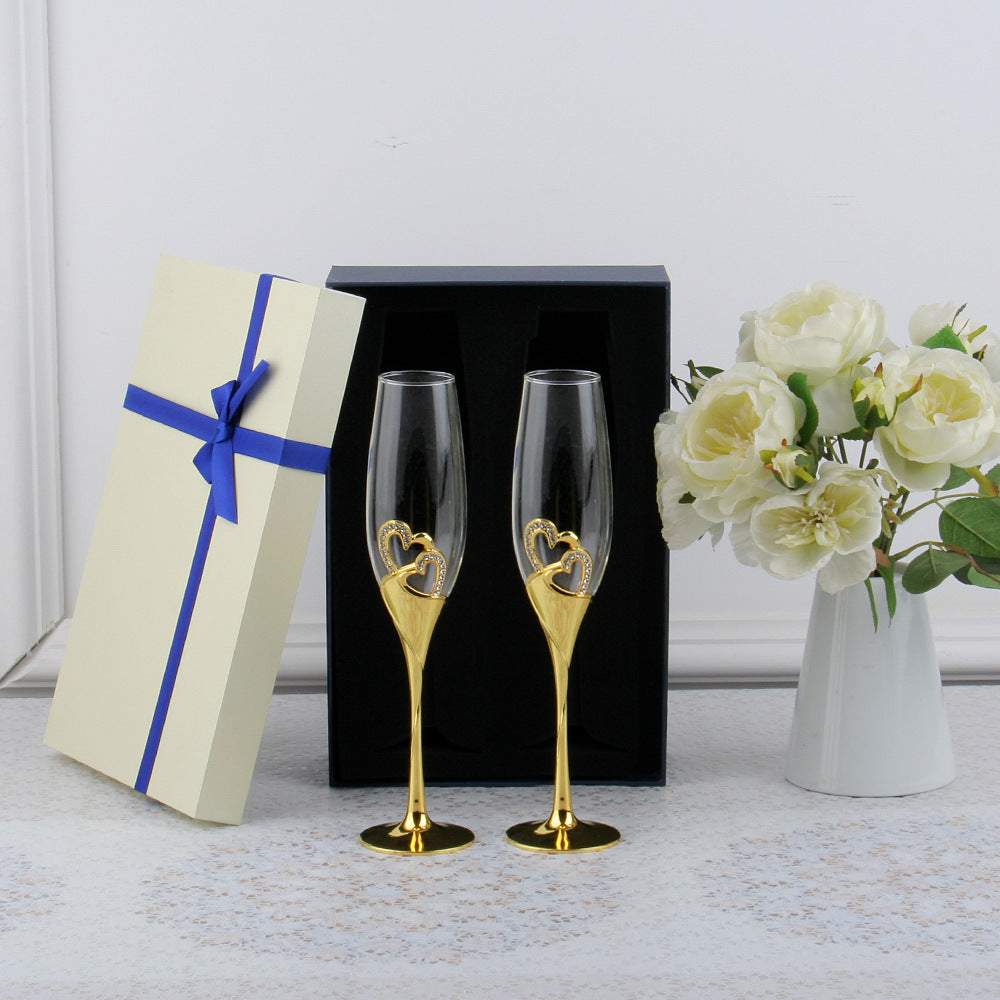 Champagne Glass Gift Set – Crystal Heart Silver Gold Rose