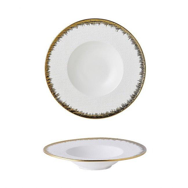Ceramic Pasta Bowl Plate – Matte Finish Black White Gold Rim