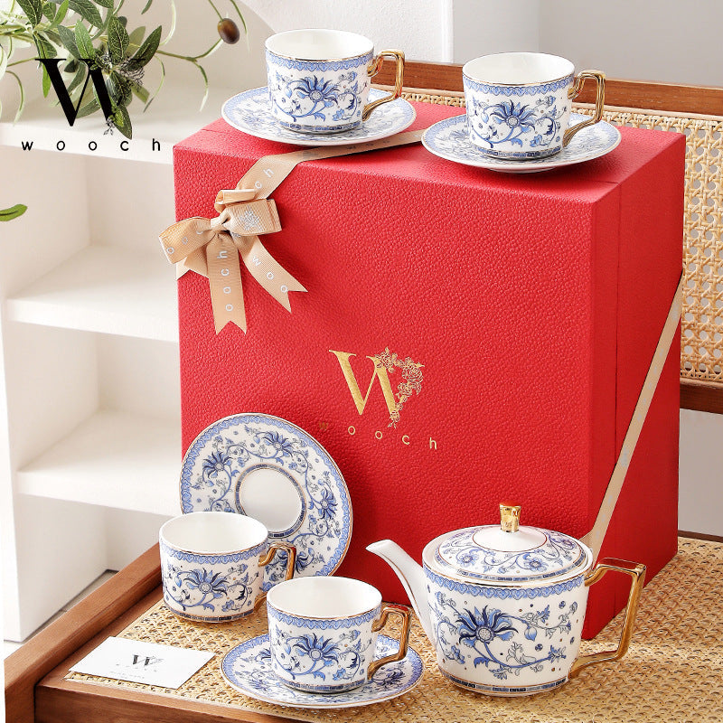 Tea Set Bone China Blue Floral Harmony Ceramic Teacup Saucer Teapot Wedding Gift Set Hand-Painted Floral