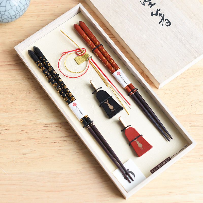 Wooden Chopsticks Gift Set Golden Sakura Japanese Handcrafted Wedding Gift with Chopstick Rests