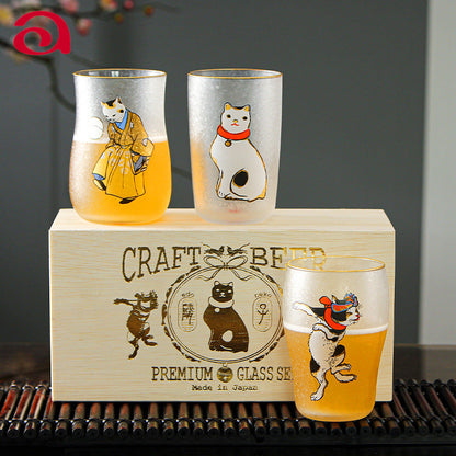 Beer Mug Gift Set Frosted Glass Japanese Edo Neko Cat Design Ukiyo-e Beer Glasses Set of 3 Made in Japan