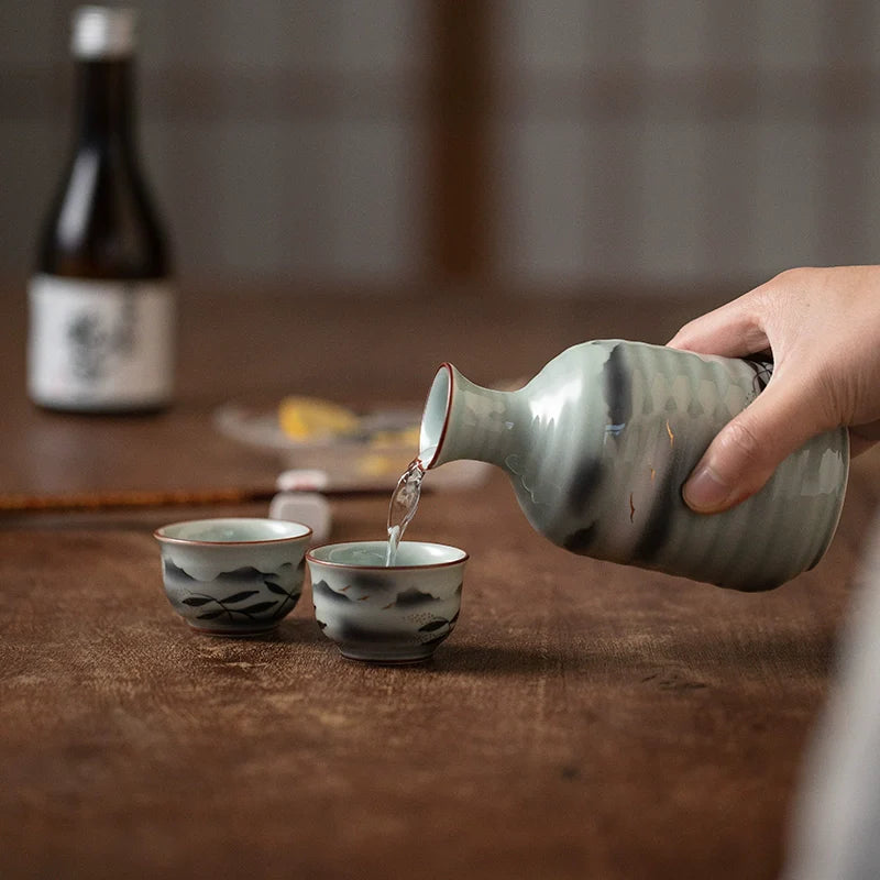 Sake Set Arita Ware Unkai Hand-Painted Japanese Ceramic Sake Flagon Cup Set Gold Foil Mountain Design Made in Japan