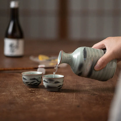 Sake Set Arita Ware Unkai Hand-Painted Japanese Ceramic Sake Flagon Cup Set Gold Foil Mountain Design Made in Japan