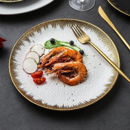 Ceramic Round Dinner Plate – Matte Black White Gold Rim