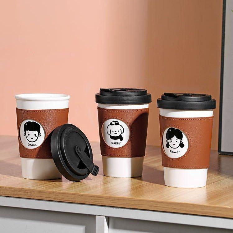 Reusable Coffee Cup Ceramic with Leather Sleeve & Lid – Eco-Friendly Travel Mug | Boy, Girl & Doggie