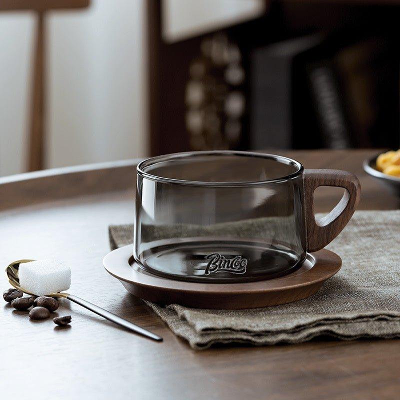 Glass Coffee Mug | Wood Handle Clear Glass Cup & Walnut Tray Set
