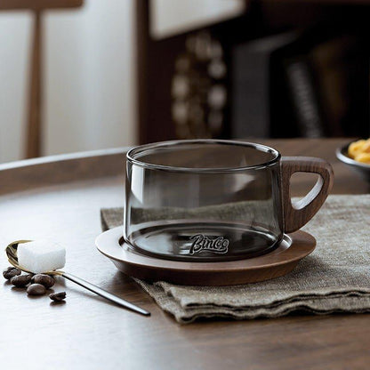 Glass Coffee Mug | Wood Handle Clear Glass Cup & Walnut Tray Set