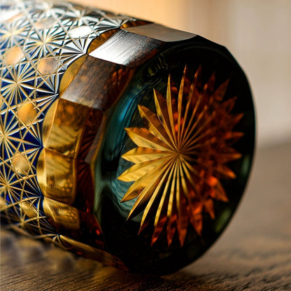 Whiskey Glass Edo Kiriko Star Chrysanthemum – Hand-Cut Japanese Tumbler with Wooden Box | Blue Amber & Red Amber