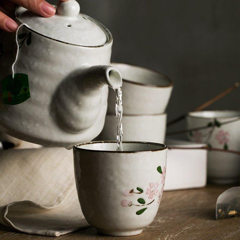 Ceramic Tea Set Japanese Handcrafted Glazed Sakura Teapot and 5 Cups Cherry Blossom Gift Set