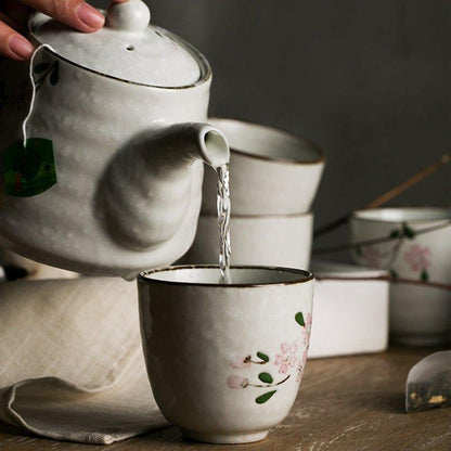 Ceramic Tea Set Japanese Handcrafted Glazed Sakura Teapot and 5 Cups Cherry Blossom Gift Set