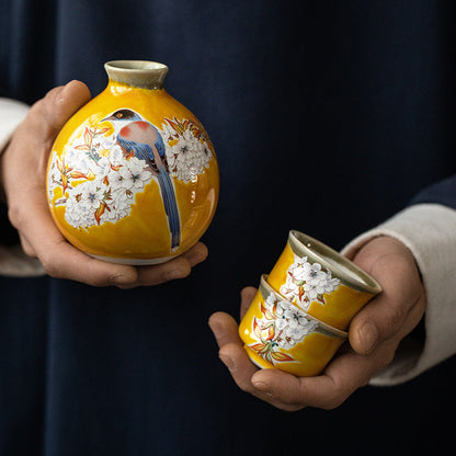 Japanese Sake Set – Kutaniyaki Yellow Sparrow Ceramic