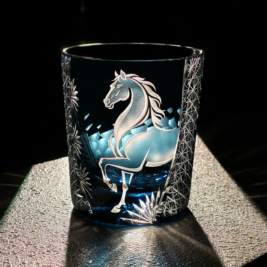 Whiskey Glass Meiba Horse | Edo Kiriko Handcrafted Crystal Glass Blue & Black