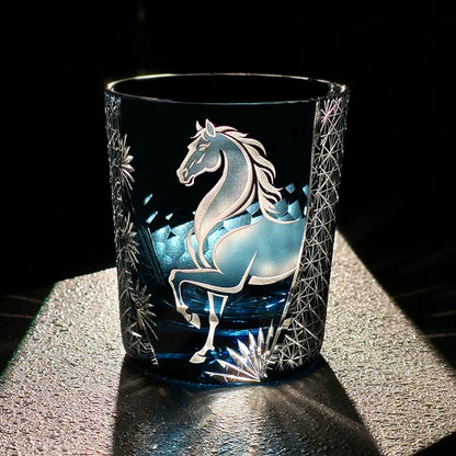 Whiskey Glass Meiba Horse | Edo Kiriko Handcrafted Crystal Glass Blue & Black