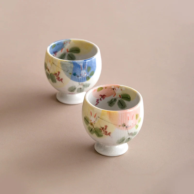 Sake Cups Set for 2 | Seto Ware Rabbit & Flower Couple Cups