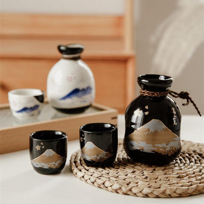 Ceramic Sake Set Mount Fuji Japanese Handcrafted Flagon 2 Cups White Black