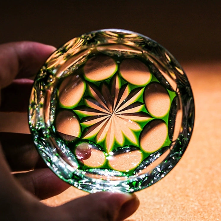 Luxury Whiskey Glass Edo Kiriko Jade Blossom Hand-Carved Crystal | Japanese Artisan Glassware