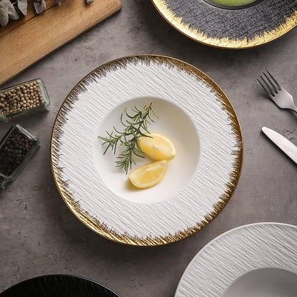 Ceramic Pasta Bowl Plate – Matte Finish Black White Gold Rim