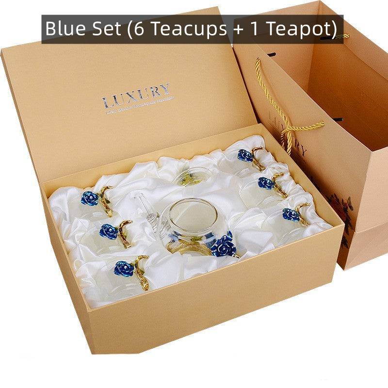 Glass Teapot & Cup Set – Metallic Floral 6 Cups Red Blue