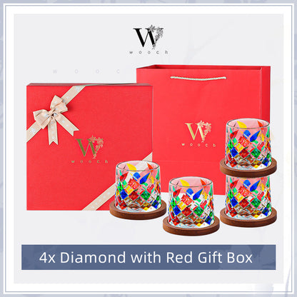 Whiskey Glass Rotating Stained Crystal | Wooden Base Gift Set