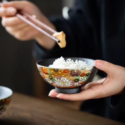 Japanese Couple Rice Bowl Set – Kutaniyaki Gold Floral Meoto