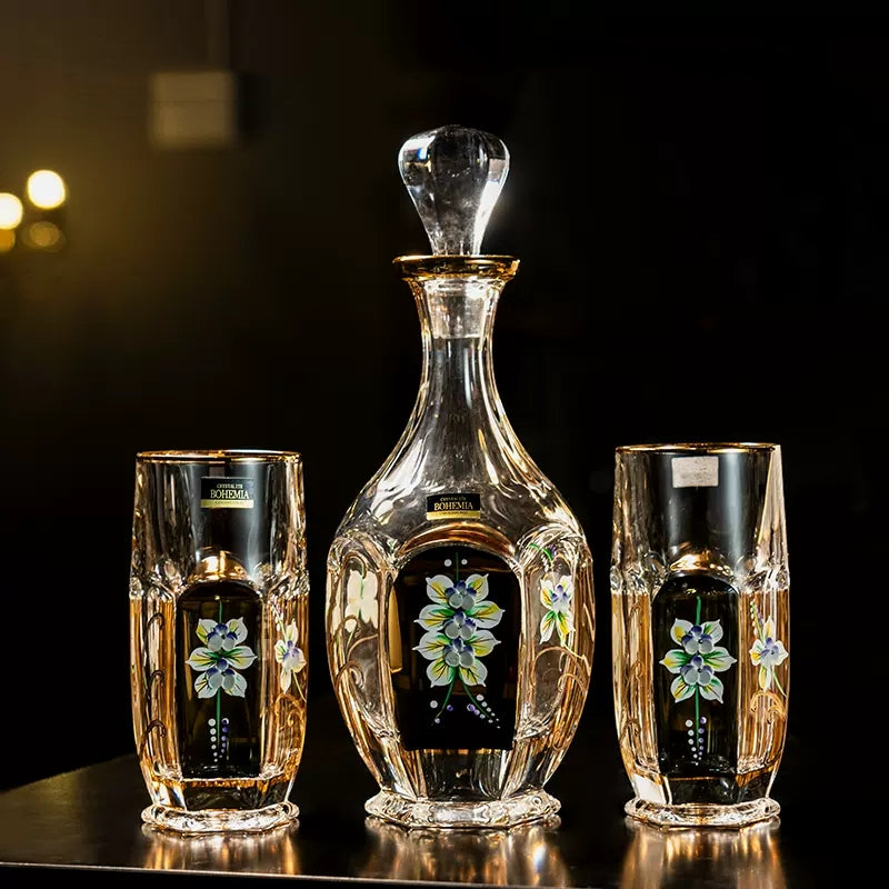 Whisky Glass Decanter Set Bohemia Gold Enamel Flower Czech Crystal Short Tall Whisky Glass Decanter Gift Box