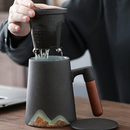 Ceramic Tea Cup with Filter – Mountain Design Large Capacity