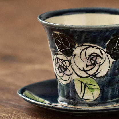 Coffee Cup and Saucer Set – Mino Ware Oribe Camellia Ceramic