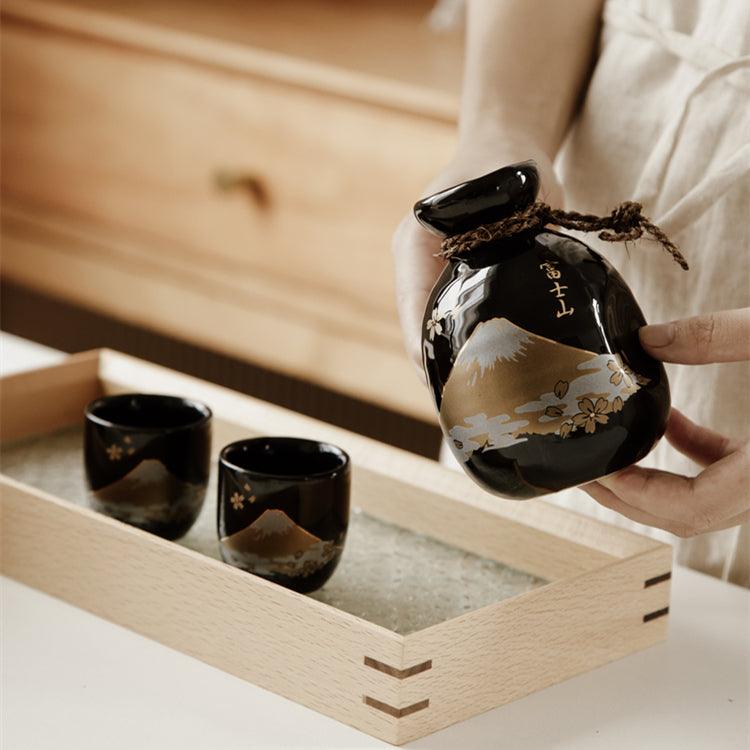 Ceramic Sake Set Mount Fuji Japanese Handcrafted Flagon 2 Cups White Black