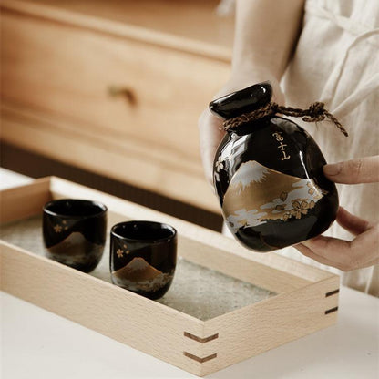Ceramic Sake Set Mount Fuji Japanese Handcrafted Flagon 2 Cups White Black