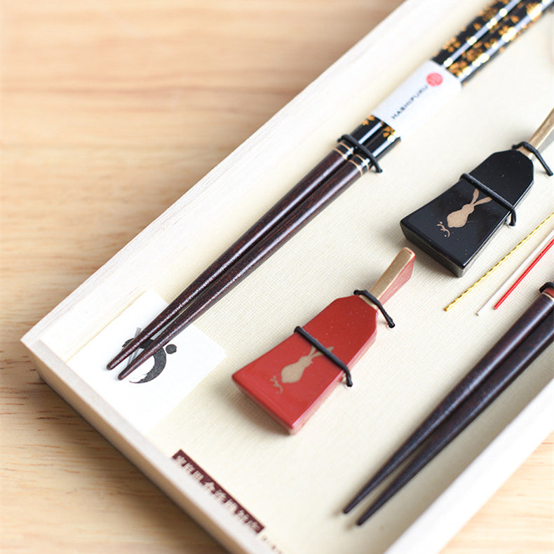 Wooden Chopsticks Gift Set Golden Sakura Japanese Handcrafted Wedding Gift with Chopstick Rests